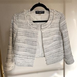 Karl Lagerfeld Paris Cropped Ivory Black Tweed Blazer Size Small